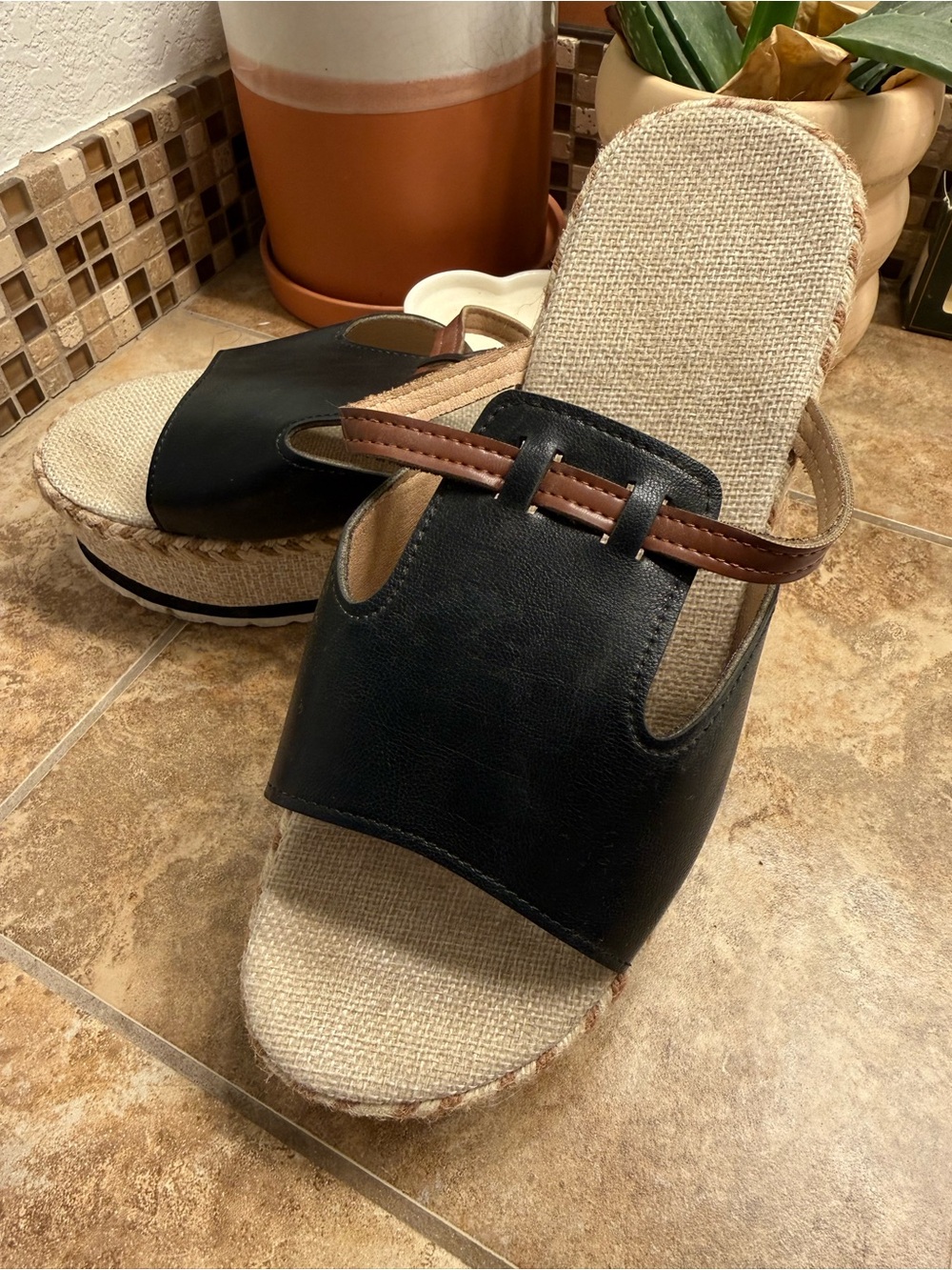 Black Slide Espadrille Wedge Sandals with Brown Strap